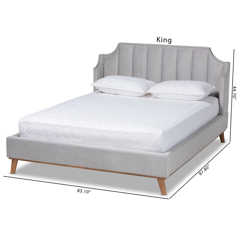 Adelie King Size Wingback Platform Bed in Light Grey Velvet with Walnut Brown Finished Wood