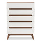 Calypso Mid-Century Modern 5-Drawer Storage Chest in White and Walnut for Stylish Organization and Home Décor