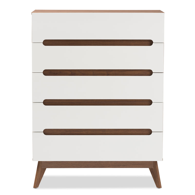 Calypso Mid-Century Modern 5-Drawer Storage Chest in White and Walnut for Stylish Organization and Home Décor