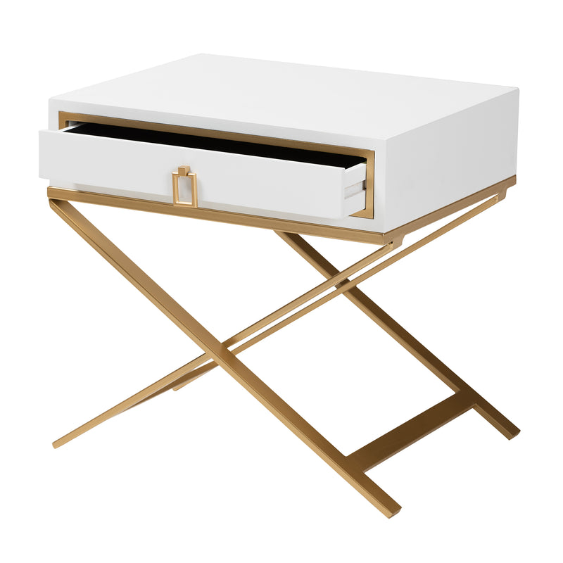 Lilibet End Table Modern Glam Luxe Design White Finished Wood Gold Metal 1 Drawer for Stylish Storage