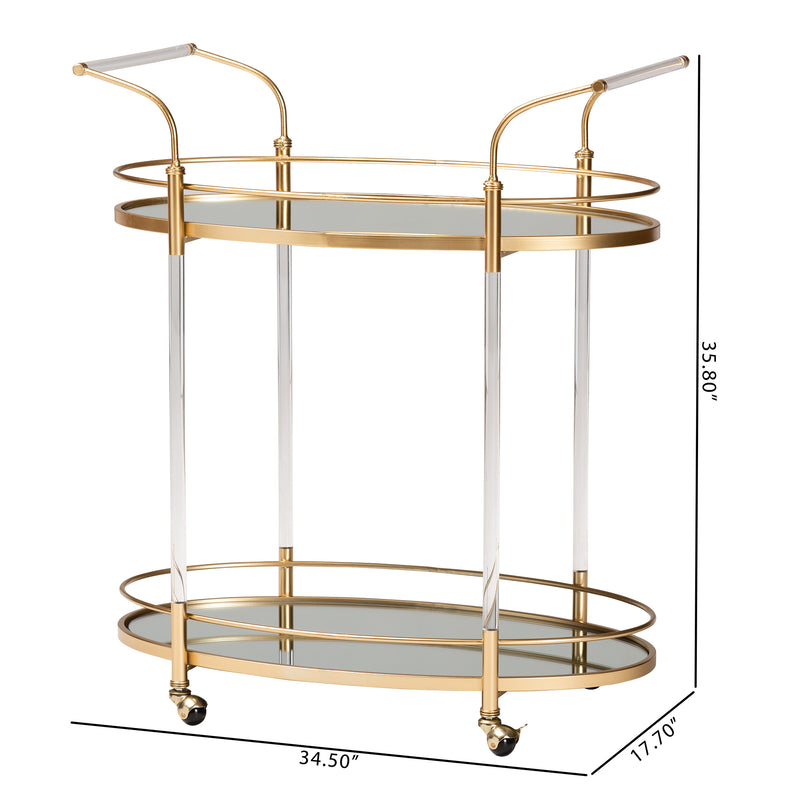 Nakano Wine Cart - Glam 2-Tier Gold Metal and Mirrored Glass Serving Cart