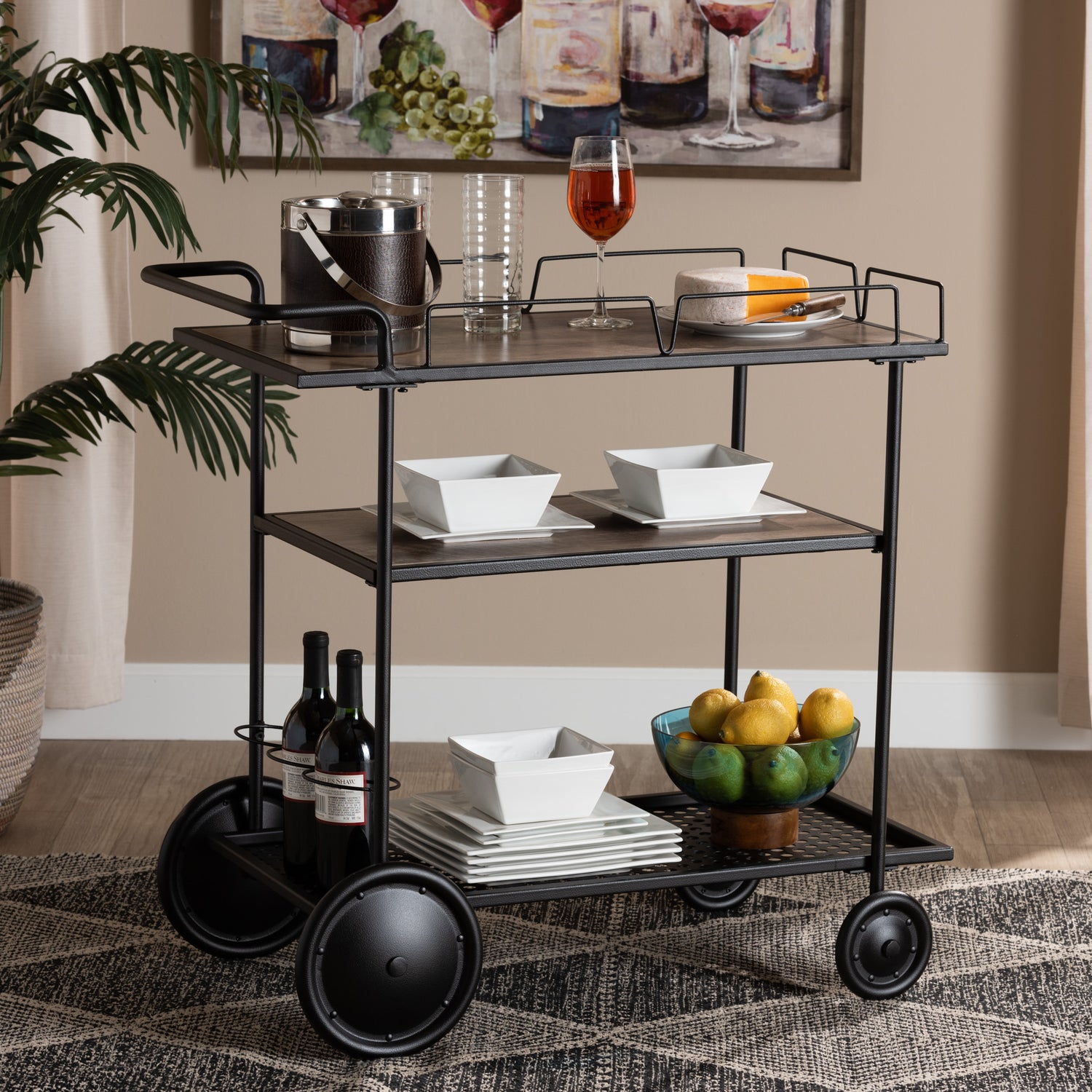 Huntley Mobile Wine Cart Modern Industrial Design with Walnut Brown Wood and Black Metal Frame