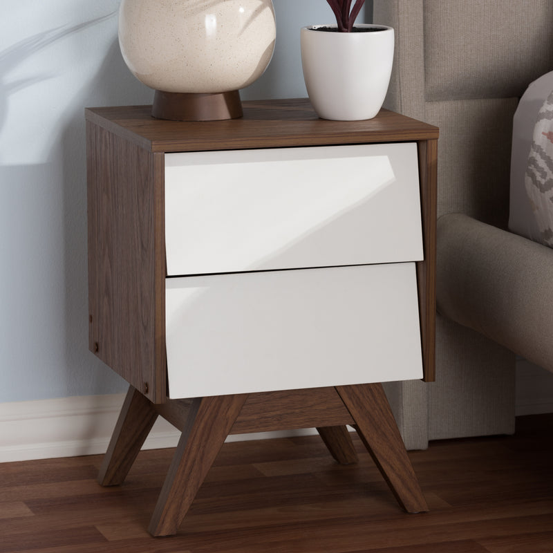 Hildon Mid-Century Modern Nightstand with 2 Drawers in White and Walnut for Stylish Bedroom Storage