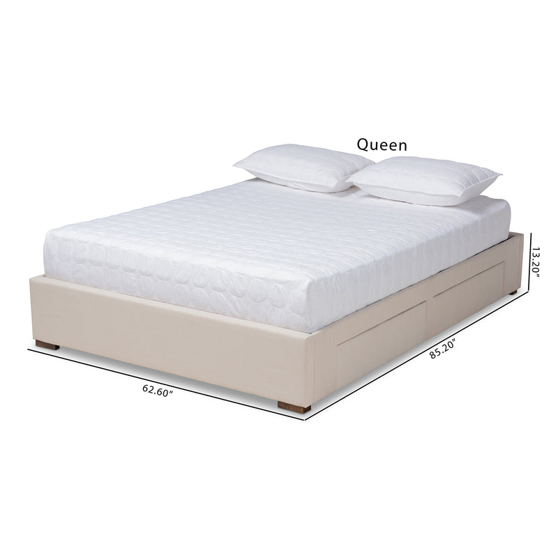 Leni Platform Storage Bed Frame - Modern and Contemporary Beige Fabric Upholstered 4-Drawer Design