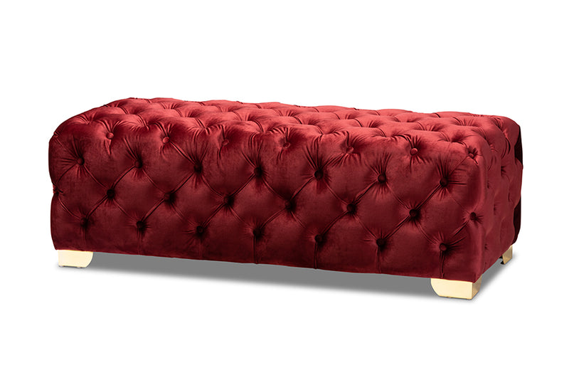 Avara Bench Ottoman Burgundy Velvet Fabric Upholstered Gold Finished Button Tufted