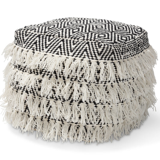 Alain Handwoven Wool Pouf Ottoman Moroccan Inspired Black Ivory Tassel Design for Stylish Home Decor