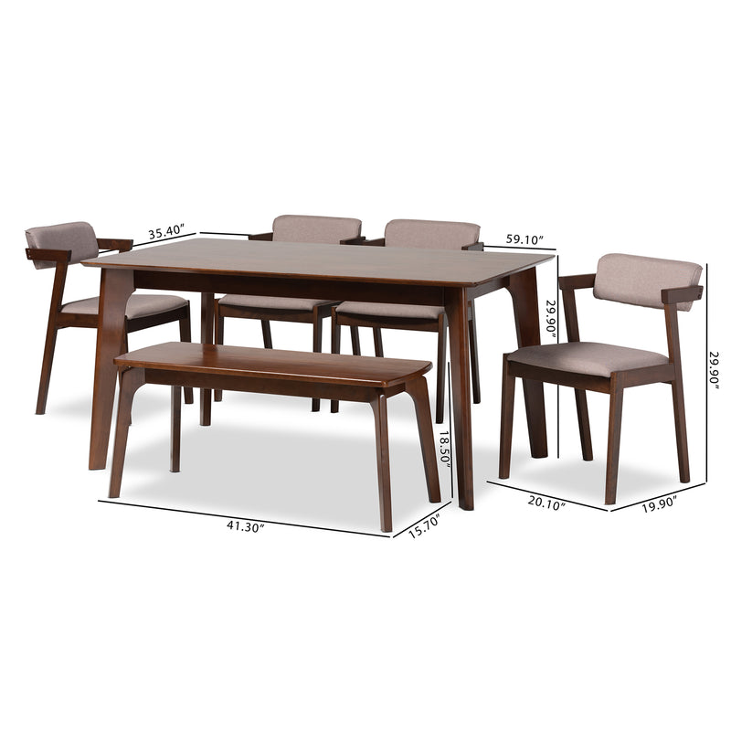 Althea Dining Set Mid-Century Modern 6-Piece Collection in Warm Grey Fabric and Dark Brown Wood Finish