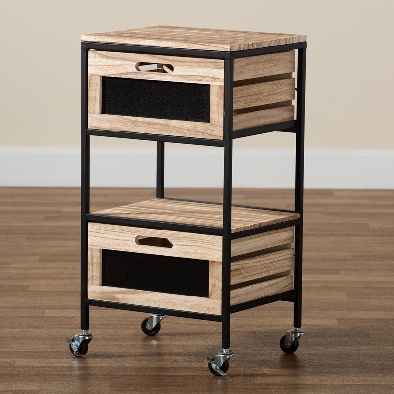 Olinda End Table Modern Industrial Design with Oak Brown Wood and Black Metal Featuring 2 Storage Drawers