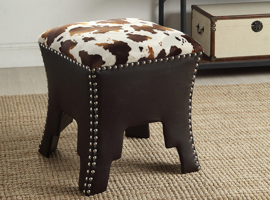 Sally Accent Stool - Modern Cow-print Fabric with Brown Faux Leather Upholstery and Nailhead Trim