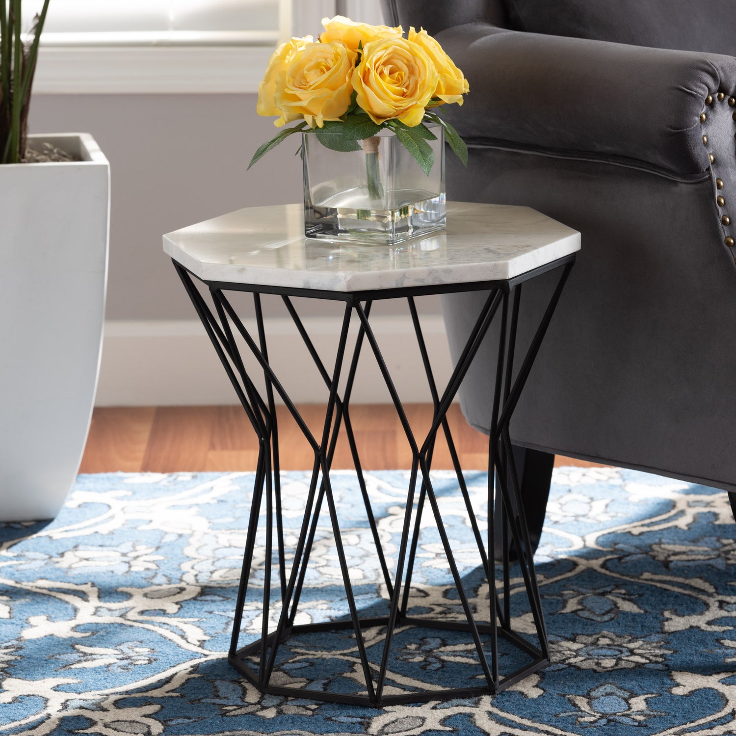 Venedict Modern Black Metal End Table with Elegant Marble Top for Contemporary Spaces