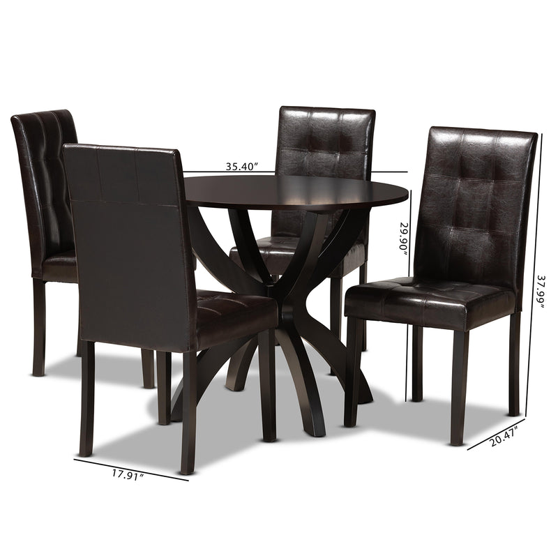 Elira 5-Piece Dining Set Modern Dark Brown Faux Leather Chairs with Dark Brown Finished Wood Table