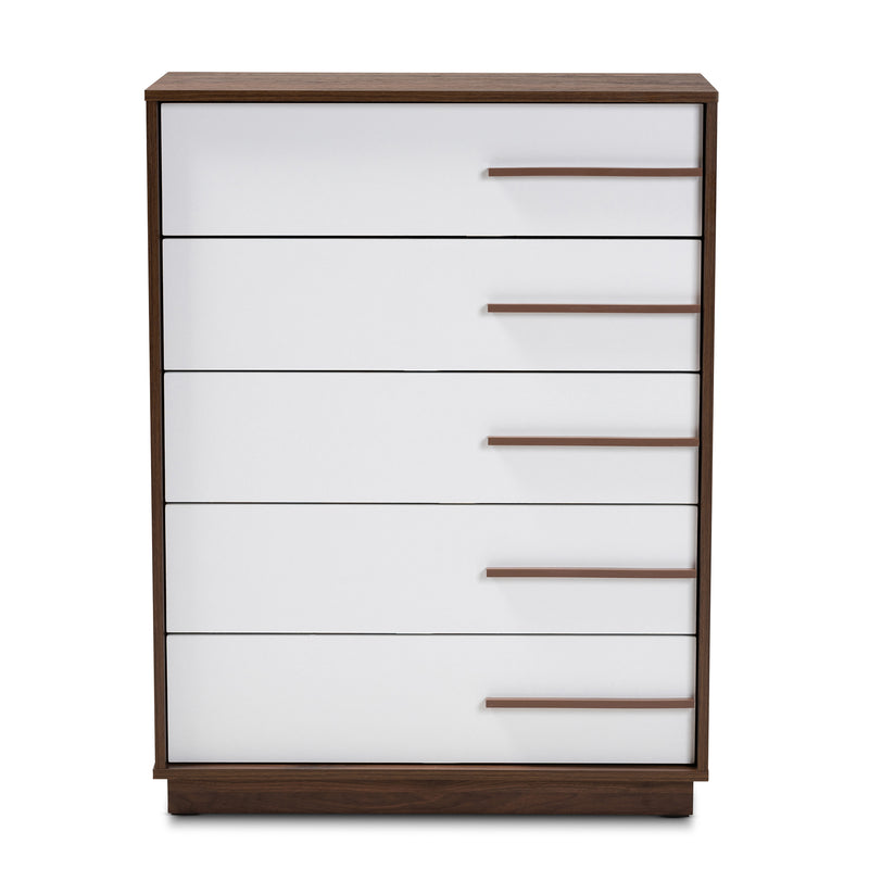 Mette Mid-Century Modern 5-Drawer Wood Chest in Two-Tone White and Walnut, Stylish Storage for Bedroom or Living Room