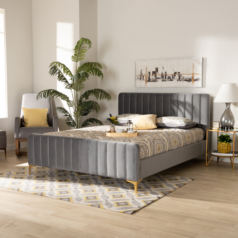 Nami Platform Bed - Modern Contemporary Glam and Luxe Light Grey Velvet Fabric Upholstered with Gold Finish