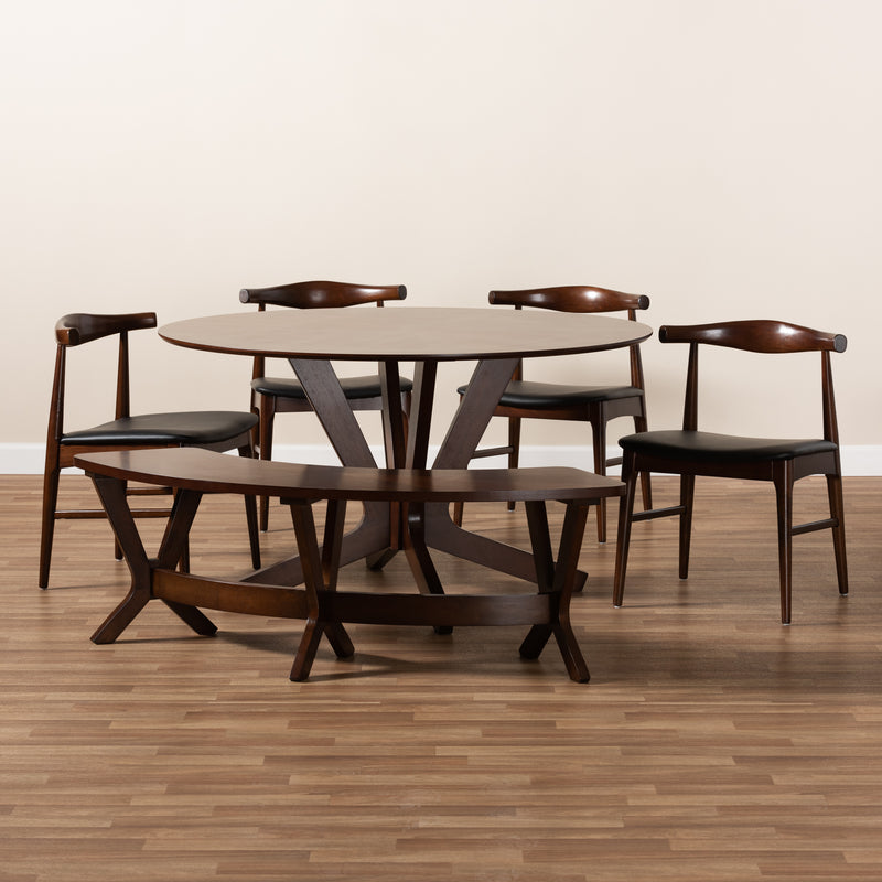 Berlin Dining Set: Mid-Century Modern 6-Piece Wood Dining Set with Black Faux Leather and Walnut Finish