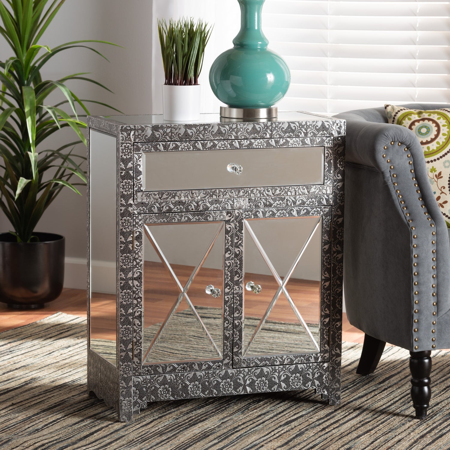 Wycliff Sideboard Buffet - Industrial Glam Silver Finished Metal with Mirrored Glass, 1-Drawer Storage for Dining or Living Room Decor