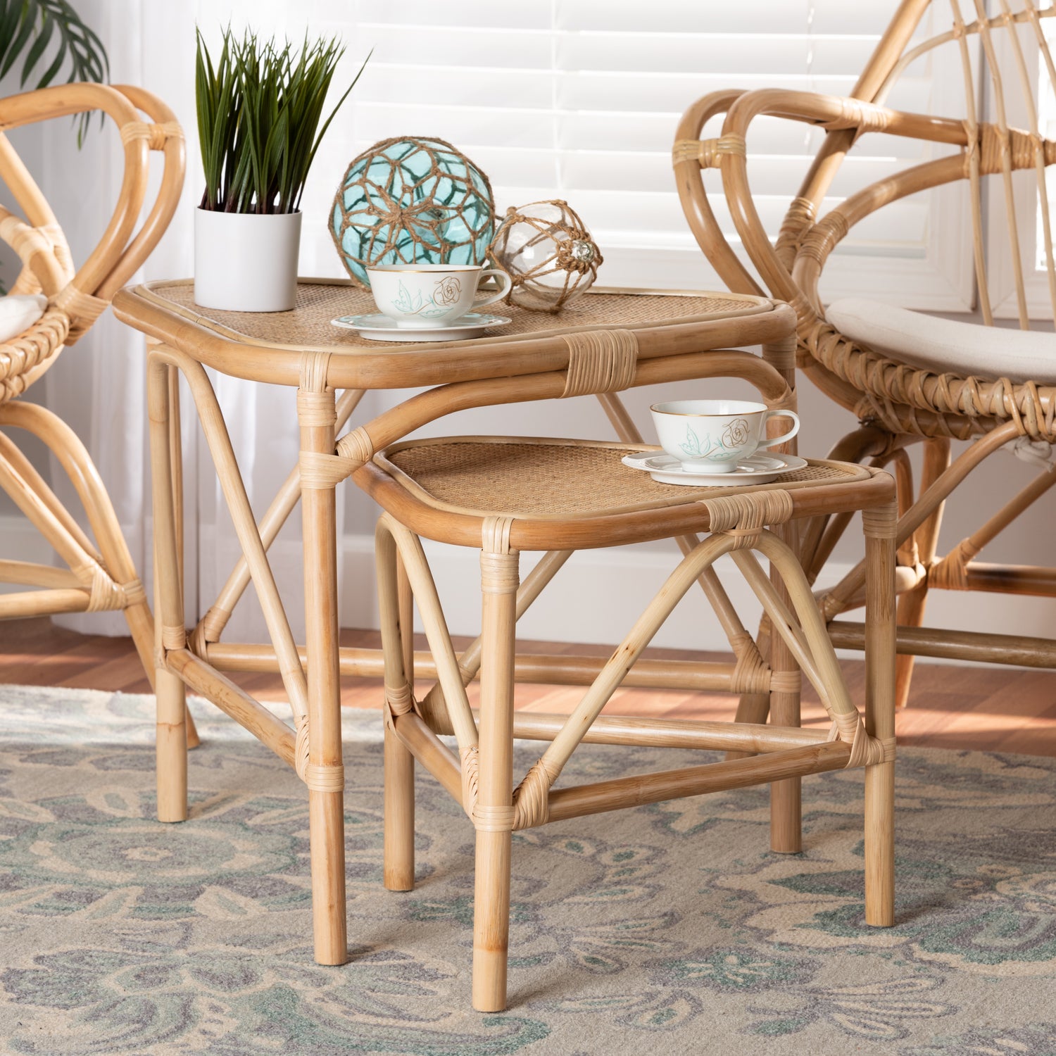 Jayden Rattan End Table Set - Modern Bohemian Style, Natural Brown Finish, 2-Piece Design for Living Room or Bedroom