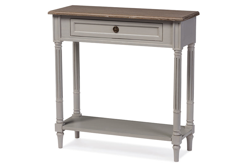 Edouard Console Table French Provincial Style White Wash Distressed Wood Grey Two-tone 1-Drawer Design for Elegant Home Decor