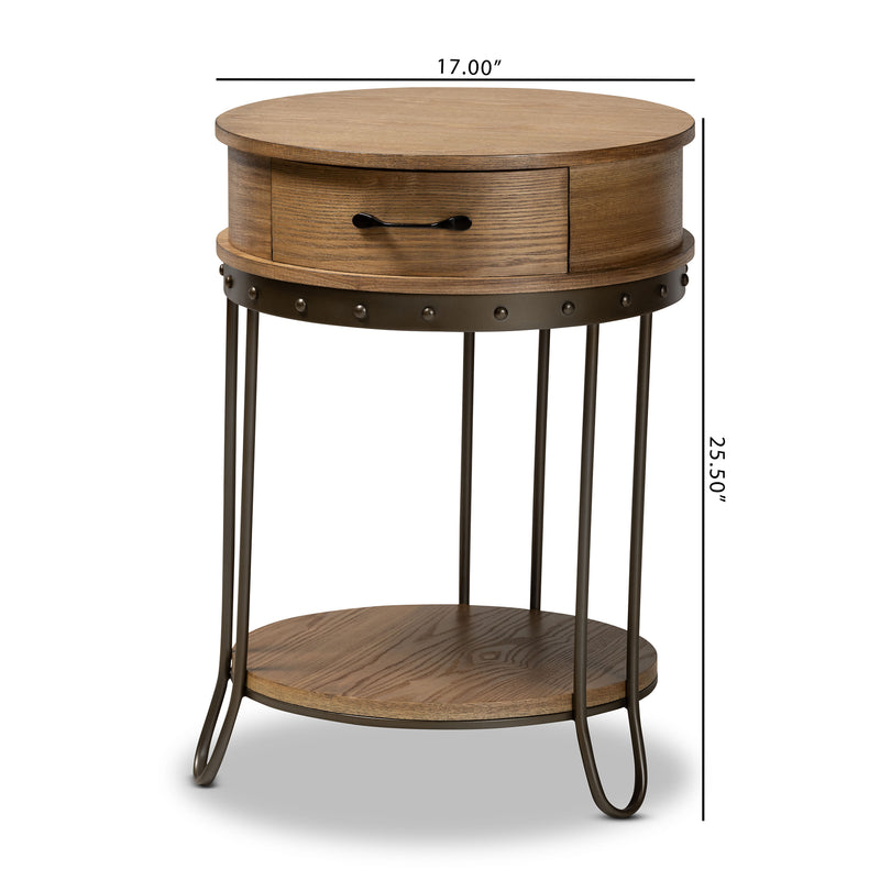 Kellyn End Table Vintage Rustic Industrial Design with Oak Brown Wood and Black Metal, Featuring 1 Storage Drawer