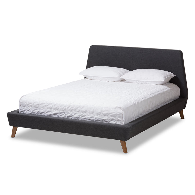 Sinclaire Queen Platform Bed - Modern Dark Grey Fabric Upholstered with Walnut Finish