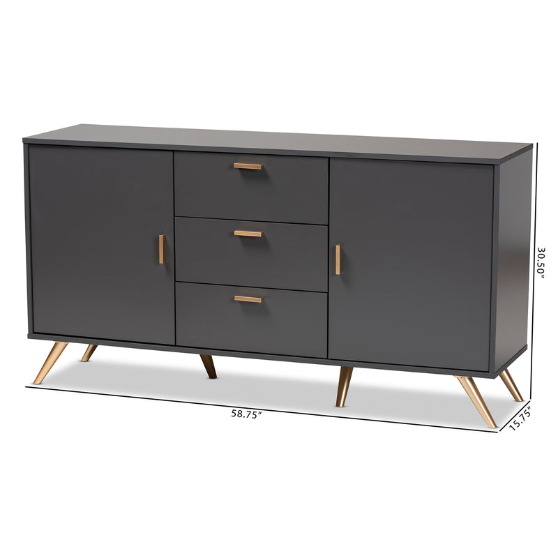 Kelson Sideboard Buffet - Modern Dark Grey and Gold Finished Wood 2-Door Storage Cabinet