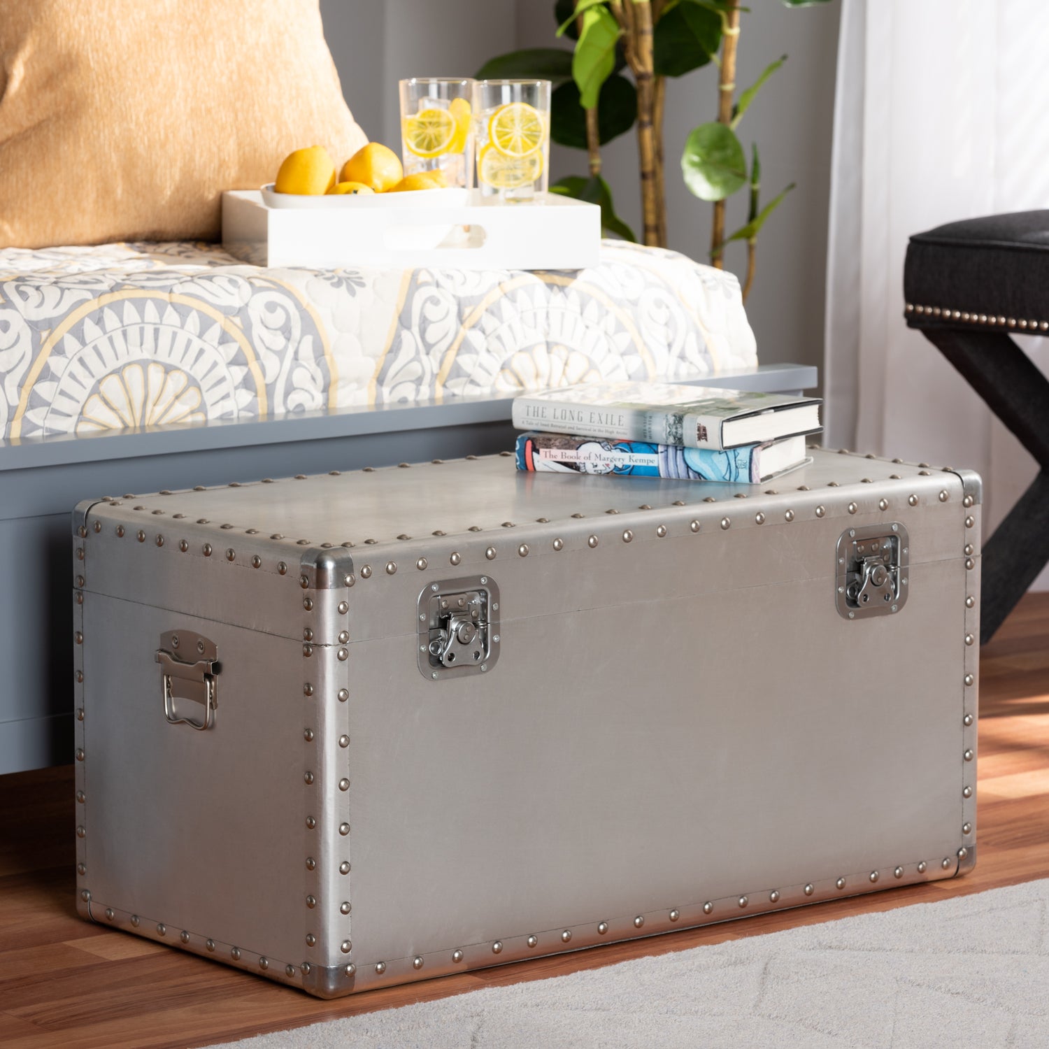 Serge Silver Metal Storage Trunk French Industrial Style Decorative Chest for Home Organization and Vintage Decor