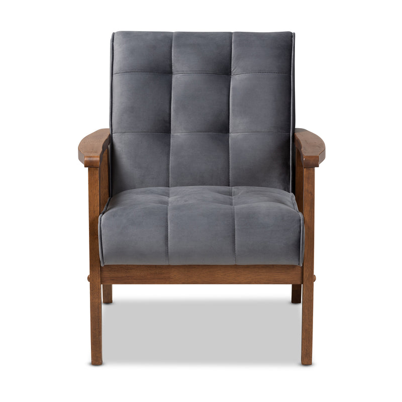 Asta Armchair Mid-Century Modern Grey Velvet Fabric Upholstered Walnut Finished Wood