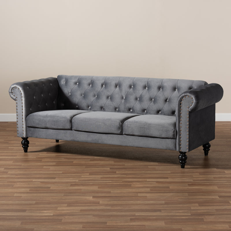 Emma Sofa Traditional Transitional Grey Velvet Fabric Upholstered Button Tufted Chesterfield