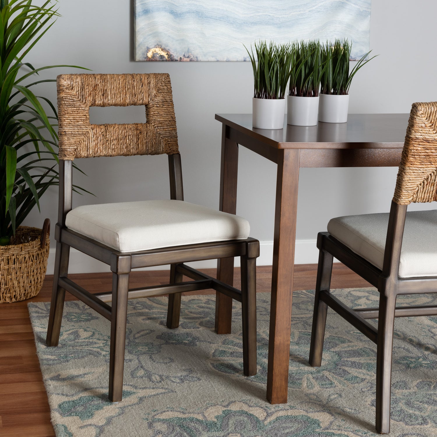 Porsha Modern Bohemian Dining Chair in Dark Brown Mahogany with Natural Rattan Accents for Stylish Dining Spaces