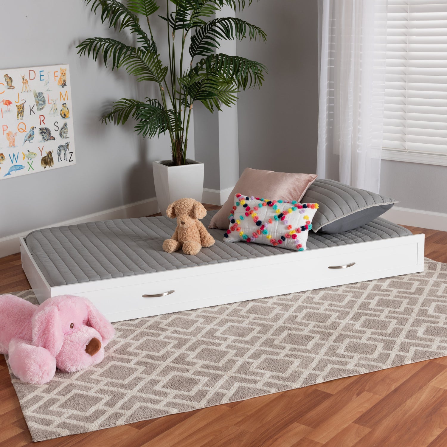 Viva Twin Size Roll-Out Trundle Bed in Modern White Wood with Silver Metal Accents