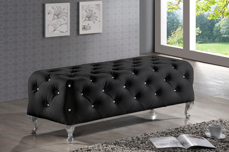 Stella Bench Crystal Tufted Black Leather Modern