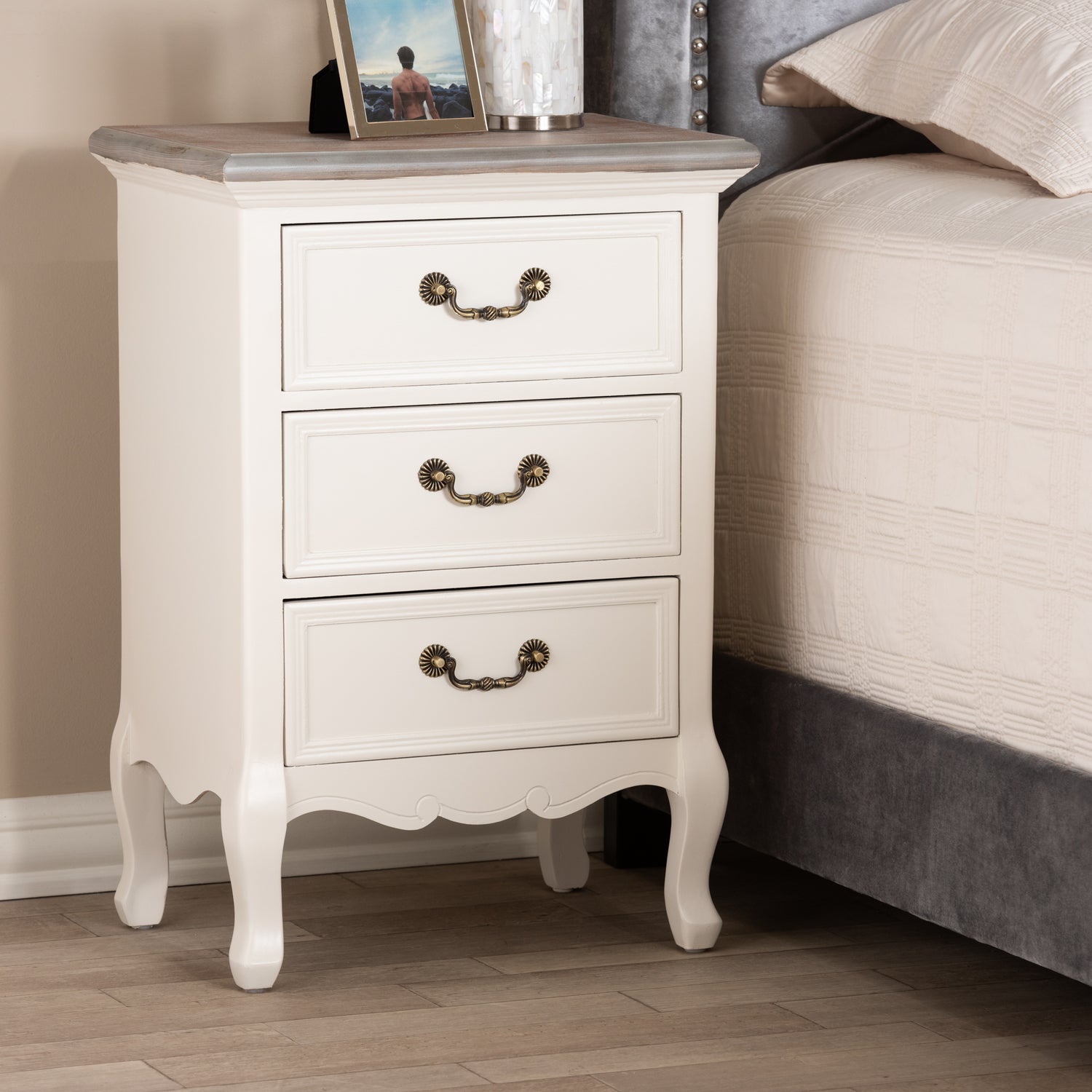 Capucine End Table Antique French Country Cottage Style Two-Tone Whitewashed Oak and White Wood with 3 Storage Drawers