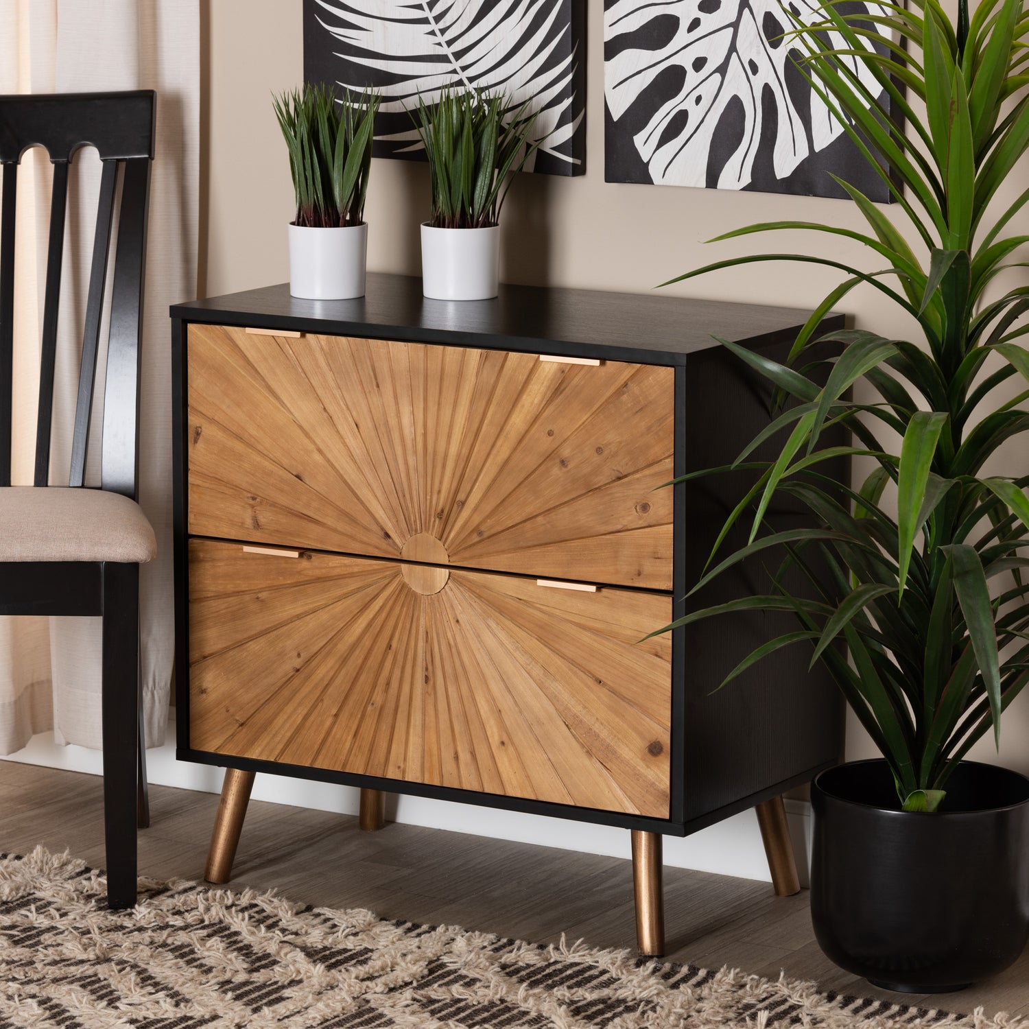 Richardson Storage Cabinet - Mid-Century Transitional Design in Two-Tone Black and Natural Brown with 2 Drawers for Organized Storage