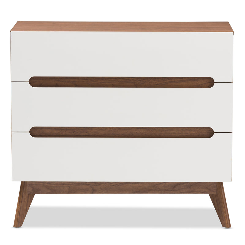 Calypso Mid-Century Modern 3-Drawer Storage Chest in White and Walnut for Stylish Organization and Home Décor