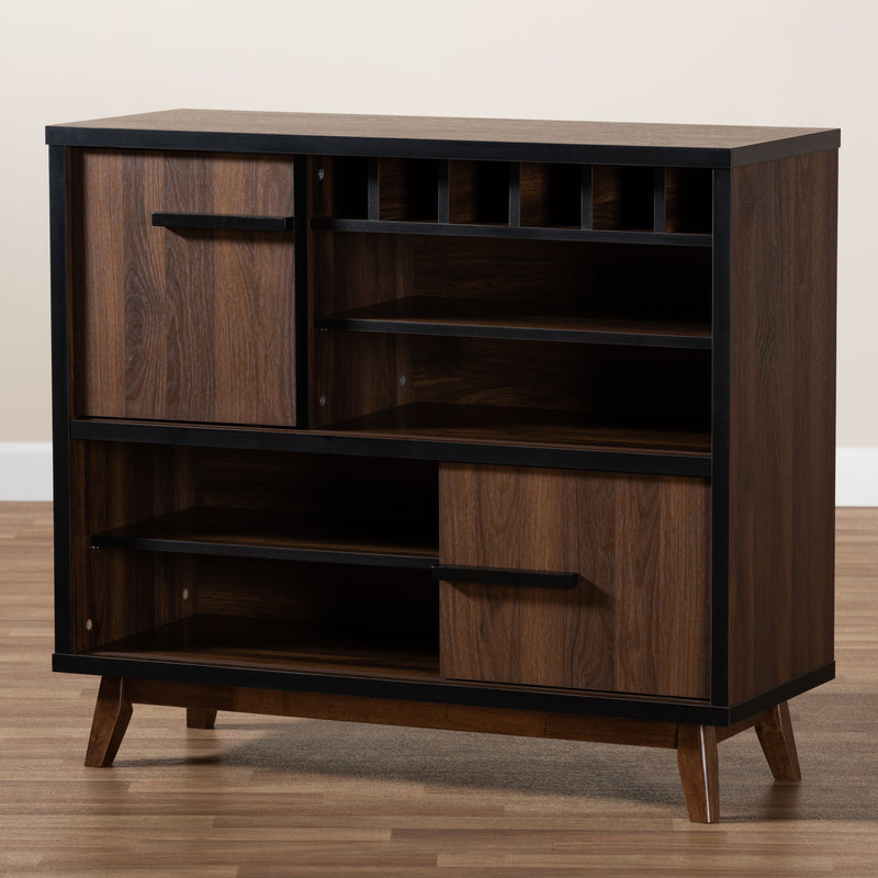 Margo Wine Storage Cabinet Mid-Century Modern Two-Tone Walnut Brown and Black Wood with Ample Storage for Bottles and Glasses