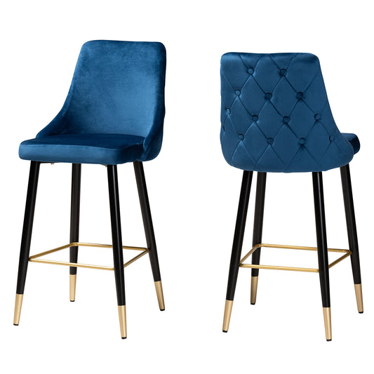 Giada Bar Stool Set - Contemporary Glam Design with Navy Blue Velvet and Dark Brown Wood - 2-Piece Collection