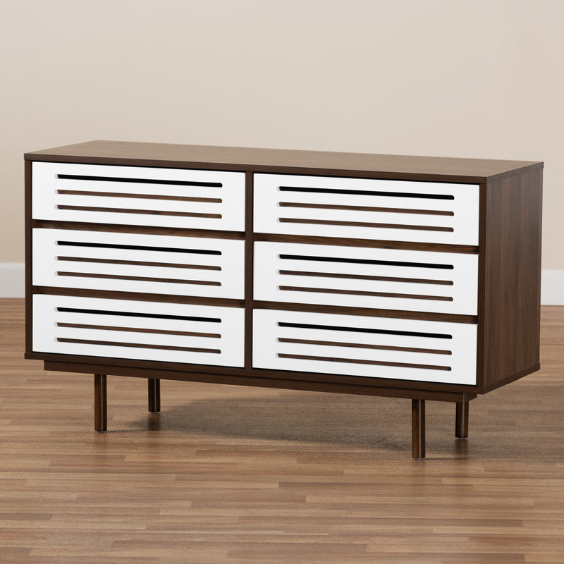 Meike Mid-Century Modern Dresser Two-Tone Walnut Brown and White 6-Drawer Storage Chest for Bedroom or Living Room