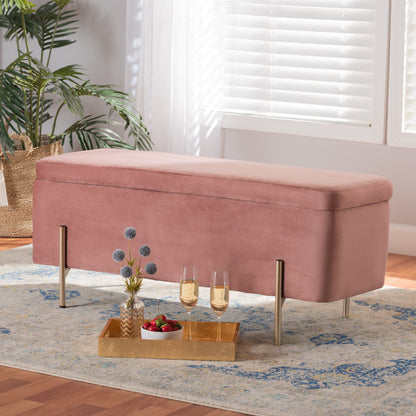 Rockwell Storage Bench Contemporary Glam Luxe Blush Pink Velvet Fabric Upholstered Gold Finished Metal