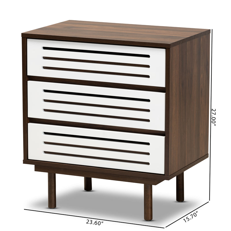 Meike Mid-Century Modern Nightstand - Two-Tone Walnut Brown and White Wood with 3 Drawers for Stylish Bedroom Storage