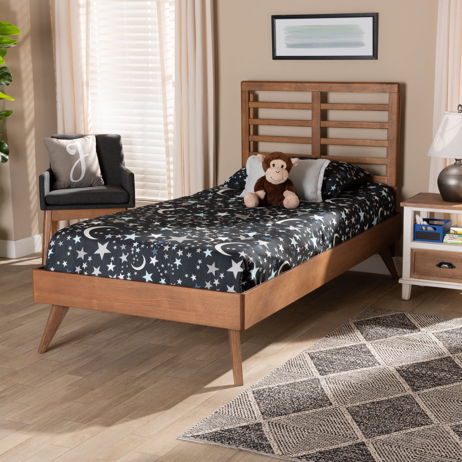 Eris Twin Size Platform Bed in Mid-Century Modern Walnut Brown Wood with Sleek Design and Sturdy Construction