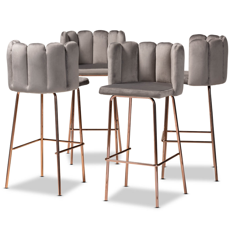 Kaelin Luxe Grey Velvet Bar Stool Set Glam 4-Piece Upholstered Design with Rose Gold Finish