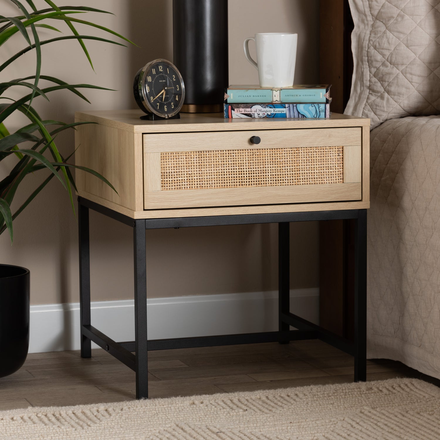 Caterina End Table - Mid-Century Modern Design in Natural Brown Wood and Rattan with 1 Storage Drawer