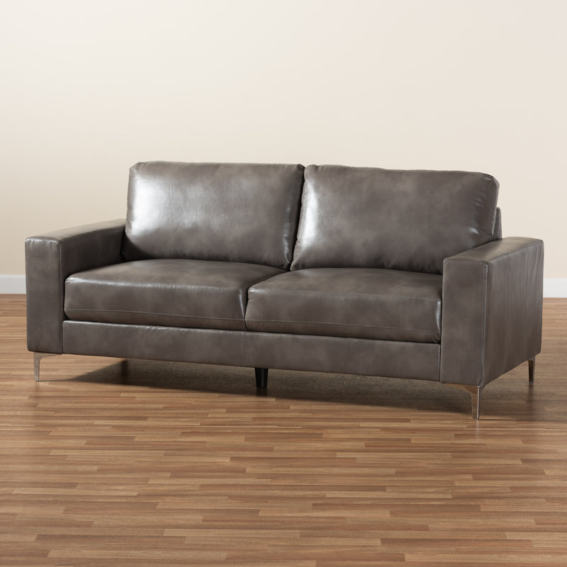 Rayan Loveseat Modern Grey Faux Leather Upholstered with Silver Finished Metal Frame for Stylish Living Room Seating