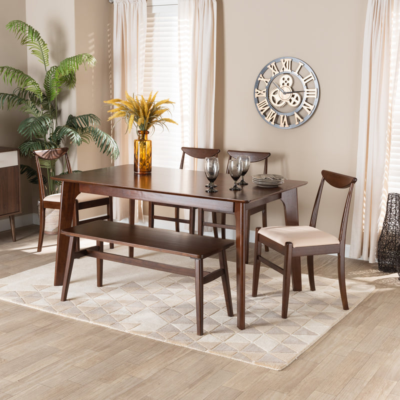 Delphina Dining Set Mid-Century Modern 6-Piece Cream Fabric and Dark Brown Wood Collection for Stylish Dining Rooms