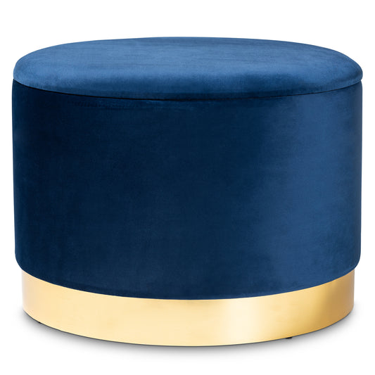 Marisa Glam Storage Ottoman Navy Blue Velvet Fabric Upholstered Gold Finished