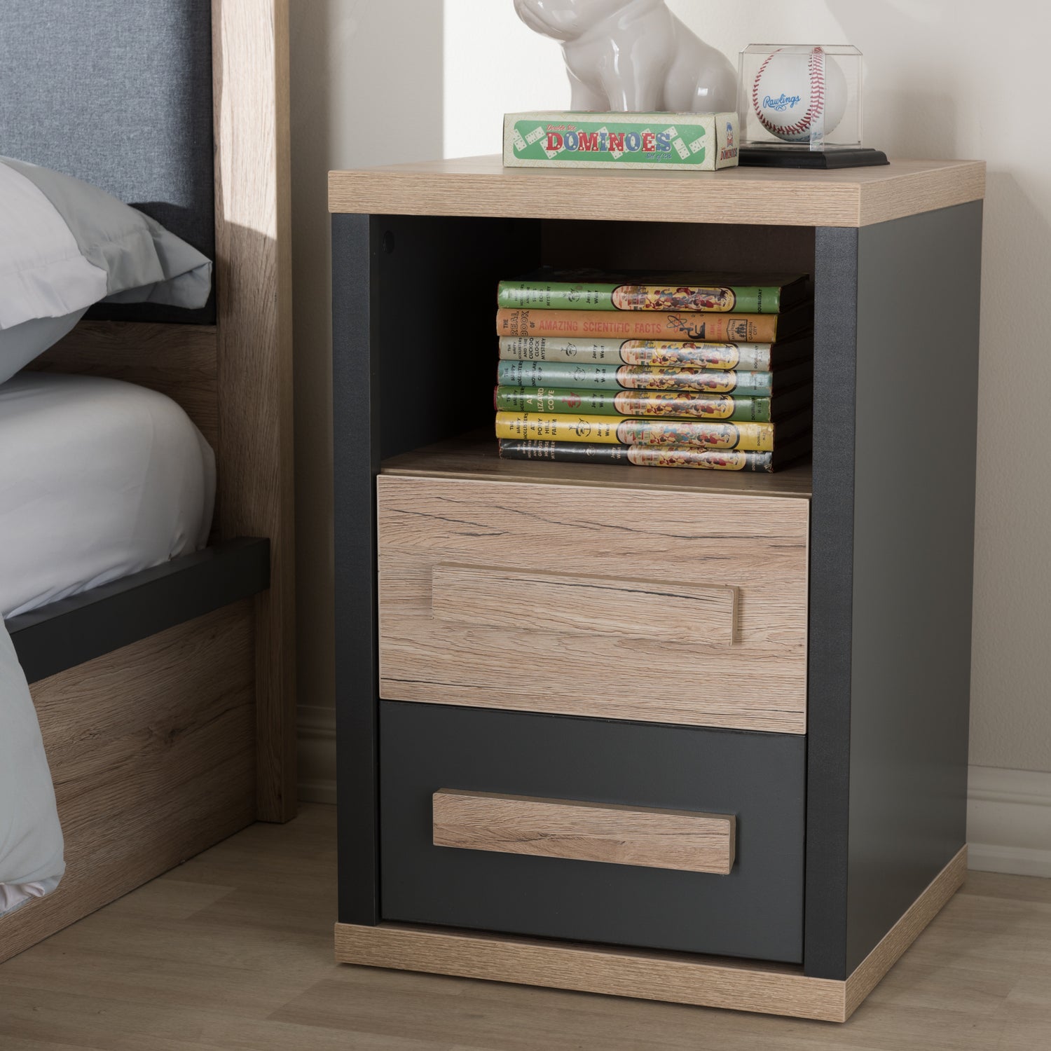 Pandora Nightstand Modern Two-Tone Design in Dark Grey and Light Brown with 2 Drawers for Stylish Bedroom Storage