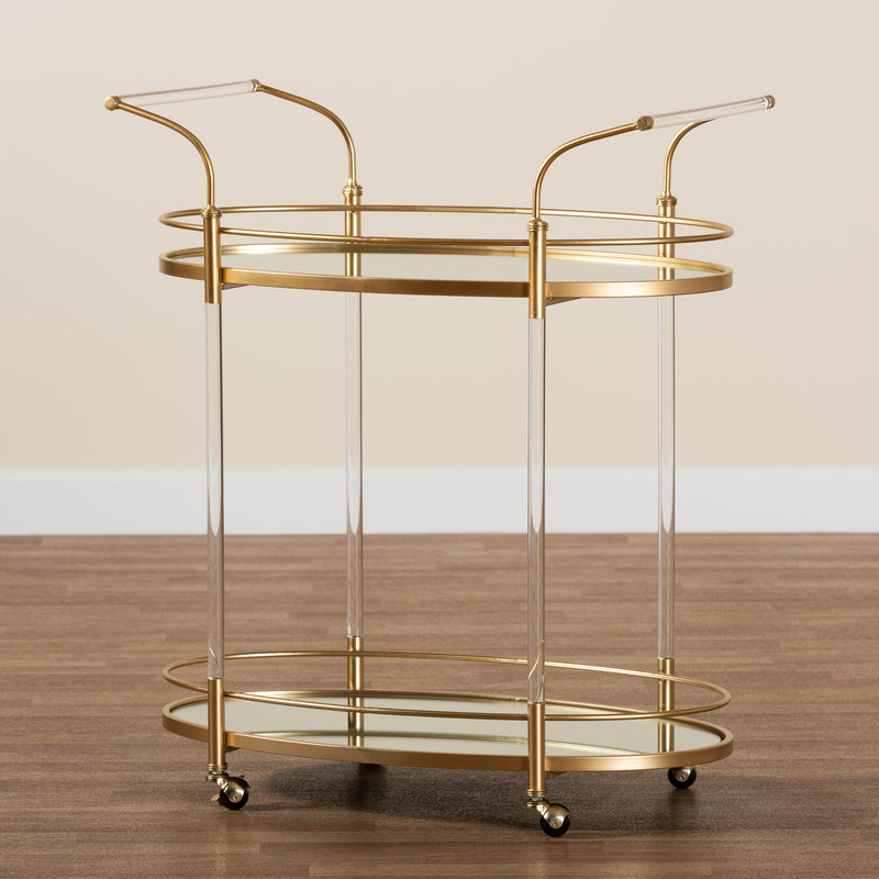 Nakano Wine Cart - Glam 2-Tier Gold Metal and Mirrored Glass Serving Cart