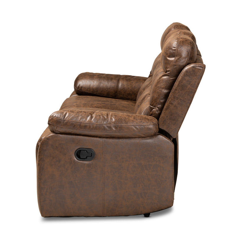 Beasley Reclining Sofa - Modern 3-Seater in Distressed Brown Faux Leather for Stylish Comfort and Relaxation