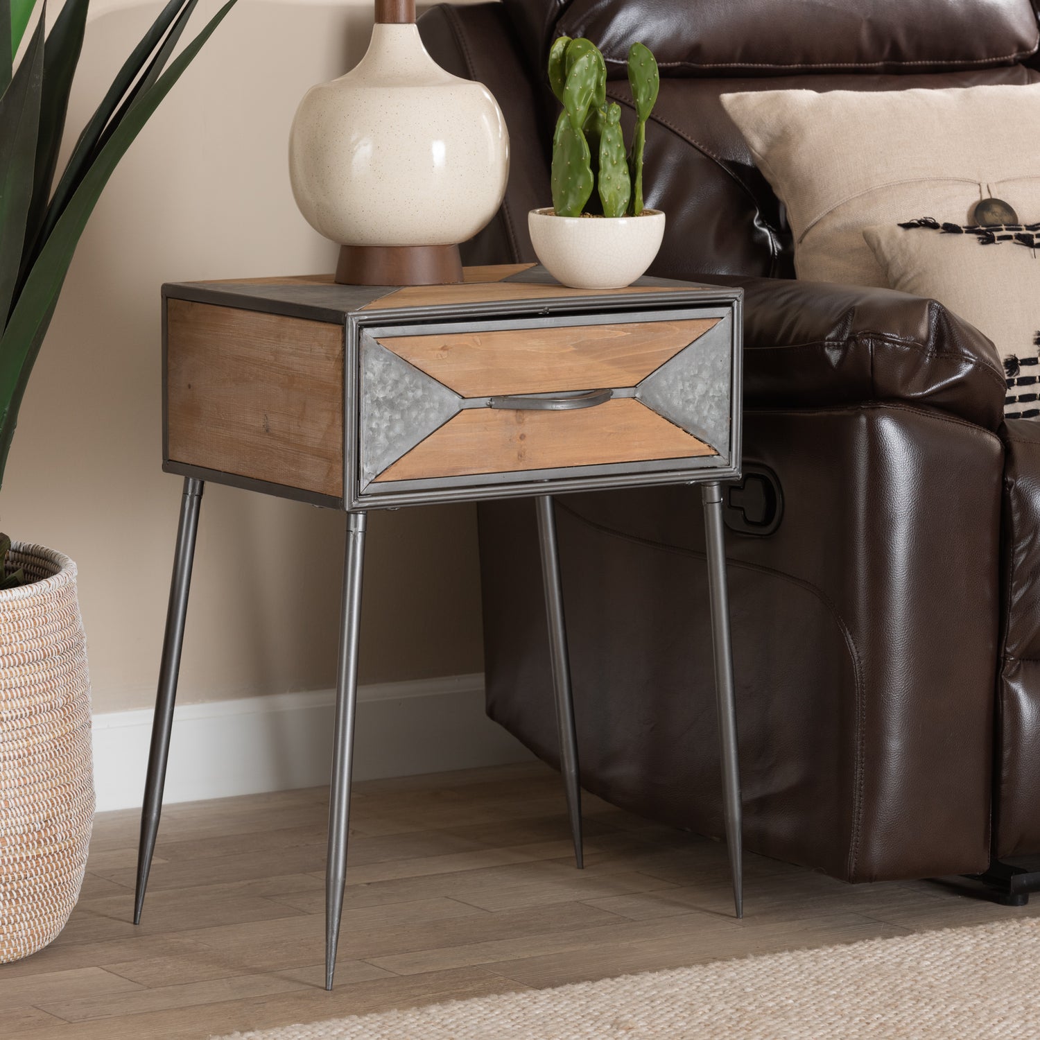 Laurel End Table Rustic Industrial Design with Antique Grey Metal and Whitewashed Oak Wood Featuring 1 Storage Drawer