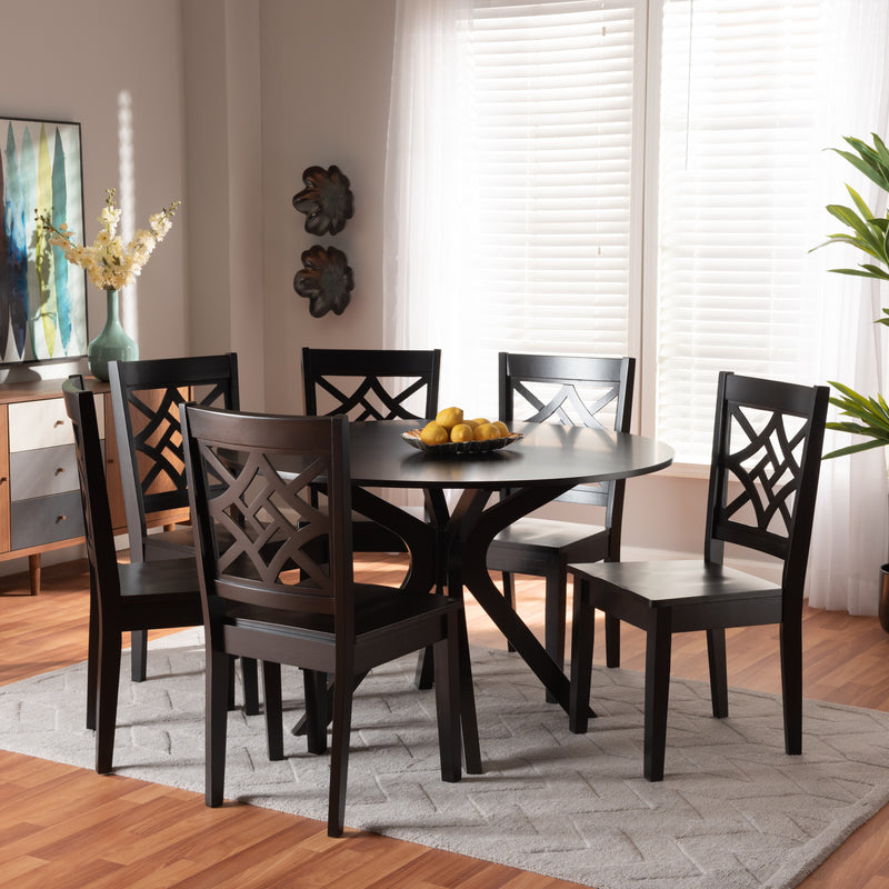 Miela Dining Set Modern and Contemporary Dark Brown Finished Wood 7-Piece