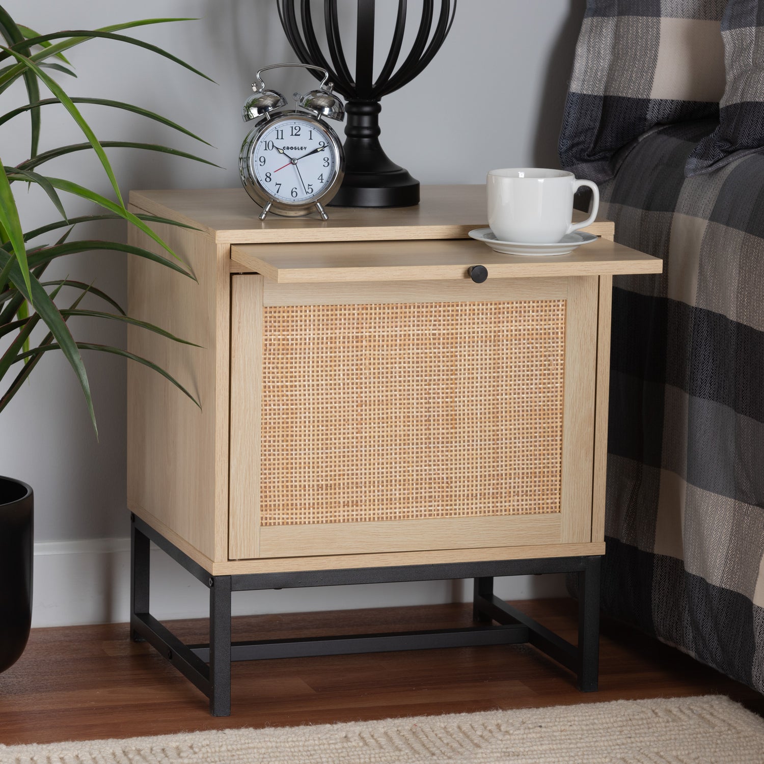 Caterina End Table - Mid-Century Modern Design in Natural Brown Wood and Rattan with Pull-Out Shelf